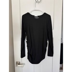 Ekouaer Womens Black Ribbed Long Sleeve Side Ruched Maternity Top Size 2XL